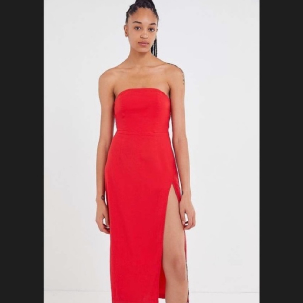 linen strapless red dress